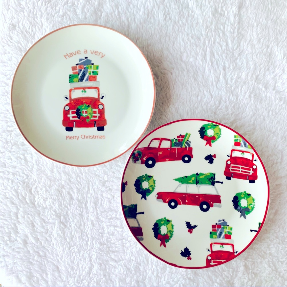 Set of Christmas red truck 8” round holiday plates